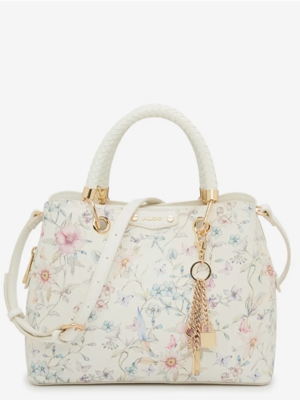 ALDO Cream Floral Satchel with Gold Tassel Charm